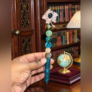 Custom Made Turquoise Rhinestone Beaded Pen with Floral Accent